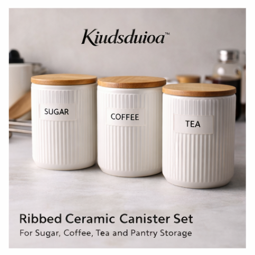 Kiudsduioa™ Ribbed Ceramic Canister Set for Sugar, Coffee, Tea, and Pantry Storage