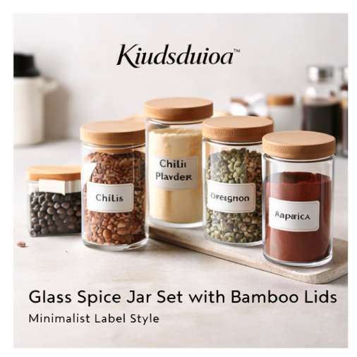 Kiudsduioa™ Glass Spice Jar Set with Bamboo Lids and Minimalist Label Style