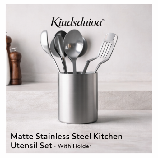 Kiudsduioa™ Matte Stainless Steel Kitchen Utensil Set with Holder